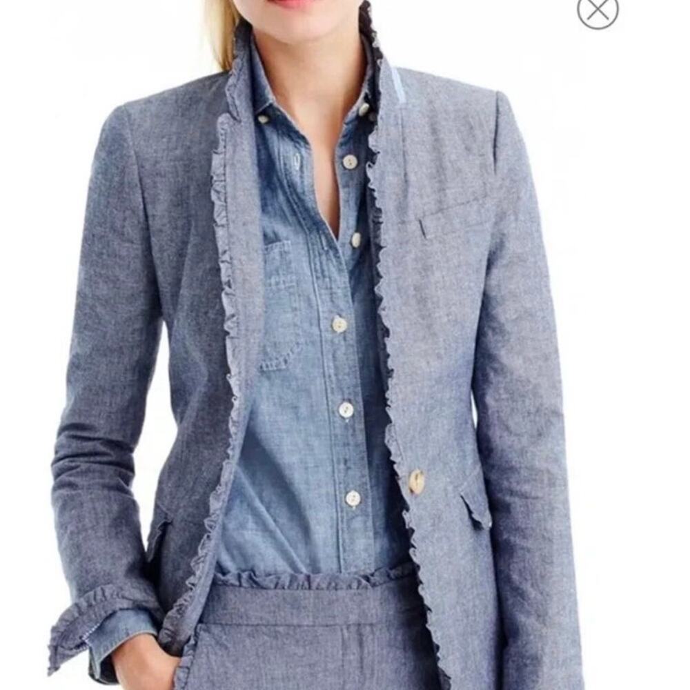 J. CREW Regent Chambray Ruffled Edge SUIT - Blazer and Pants Denim Blue